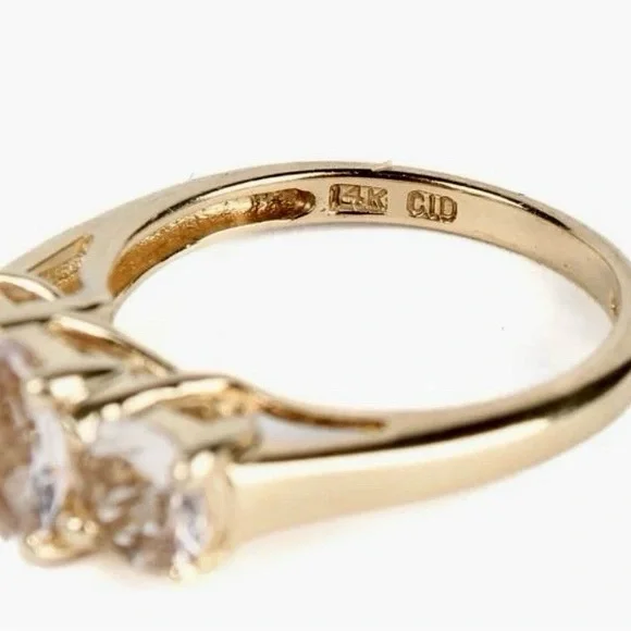 14K Yellow Gold Three Stone Genuine Morganite Ring Size 5.25 Lot#19